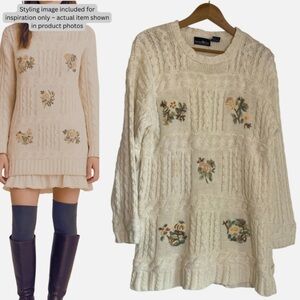 VTG Cable Knit Sweater Tunic/Dress S Floral Embroidered Indie Cottagecore Whimsy
